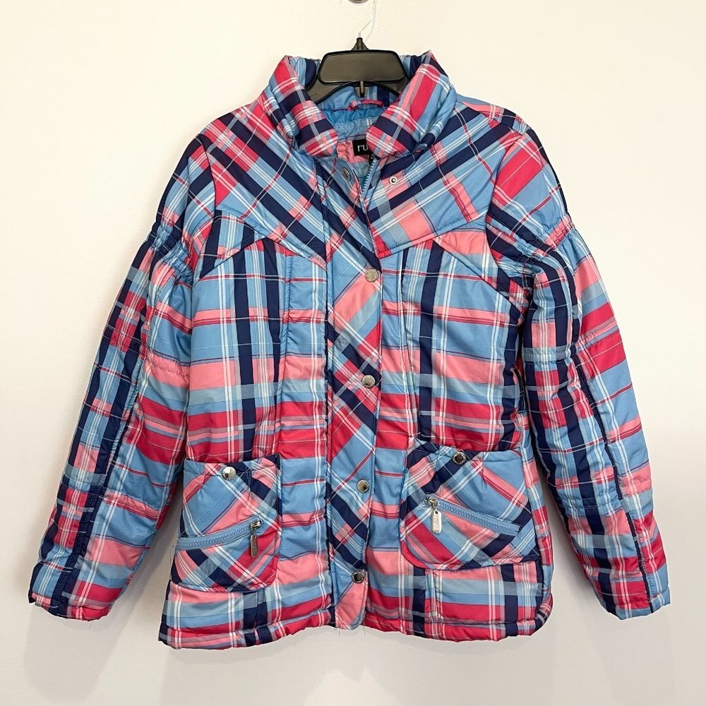 Rue 21 plaid coat Kids XL 2 front pockets zip up & Buttons
